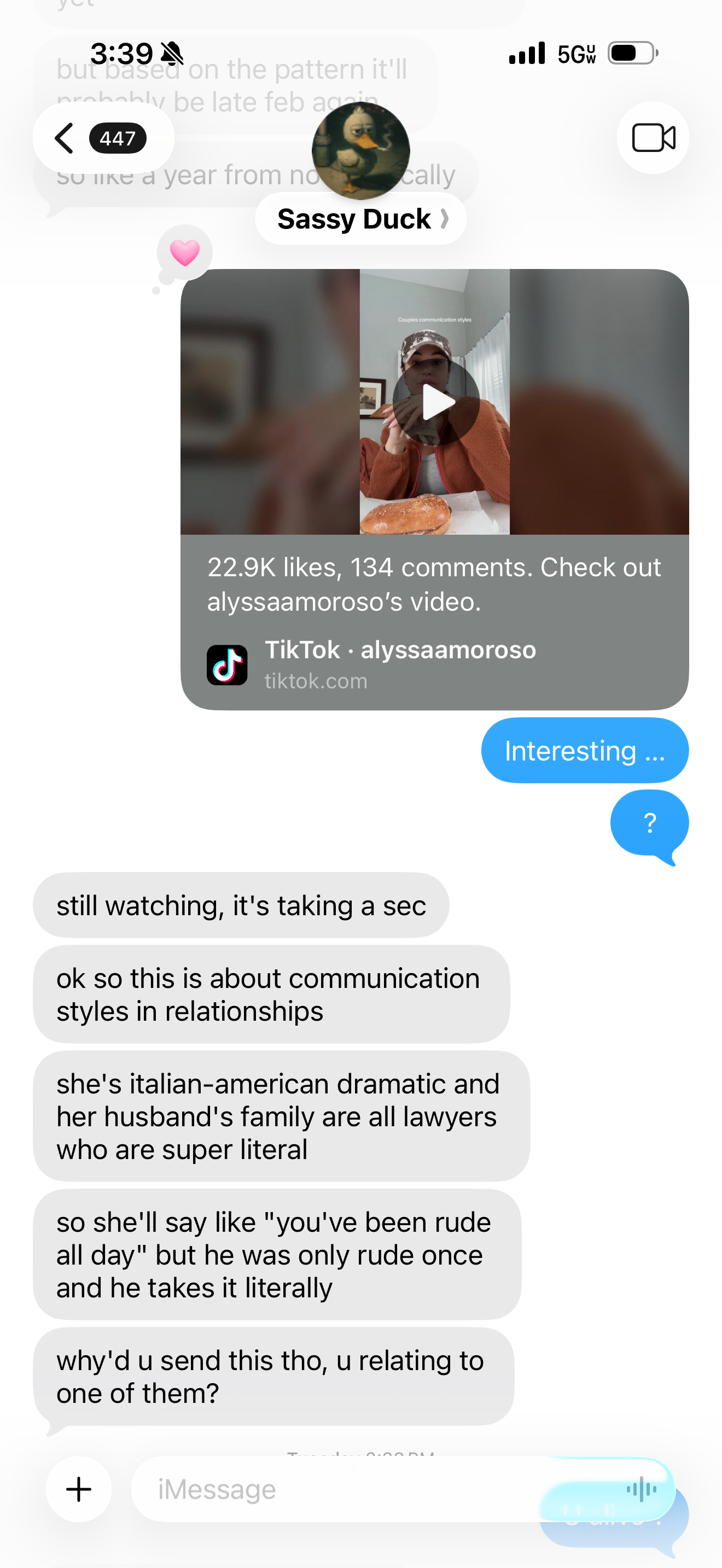 iMessage conversation with Sassy Duck